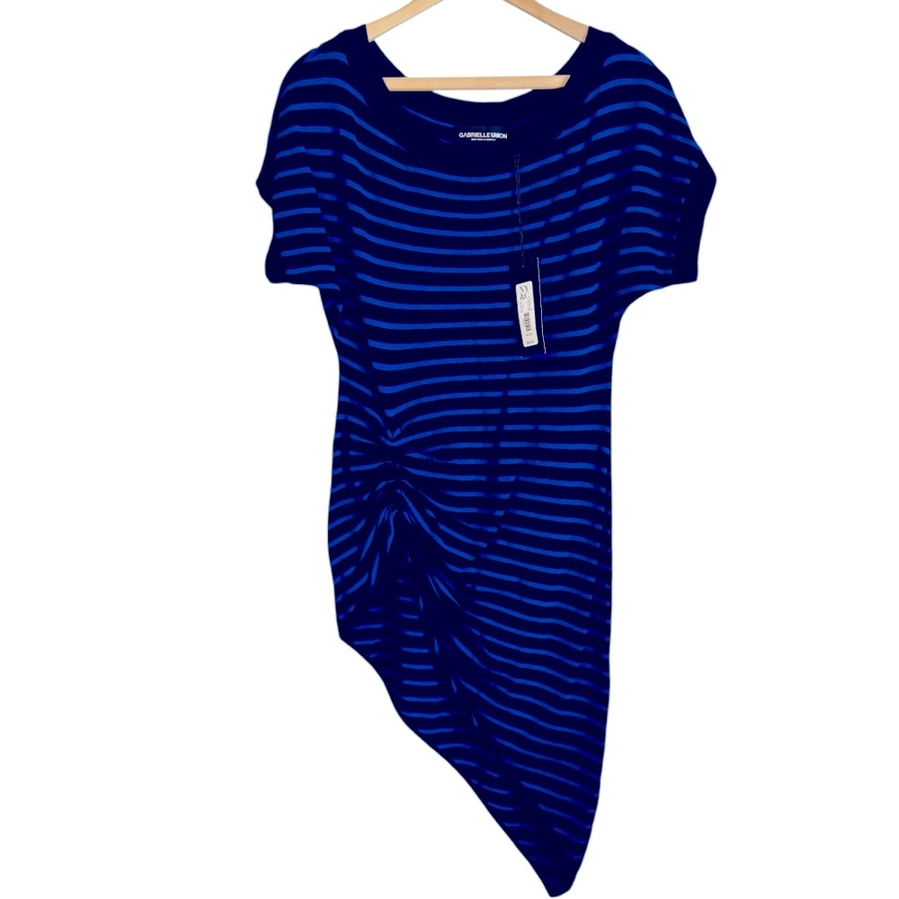 NWT Gabrielle Union Blue Striped Asymmetrical Dress sz M Knit Gathered